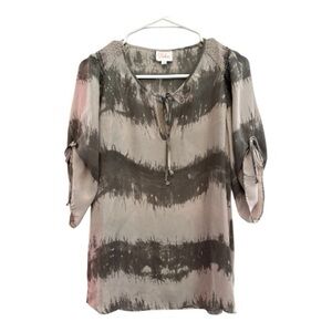 Parker Silk Tie Sleeve Lightweight Gray Tie-Dye Blouse Small